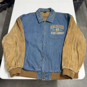 Arizona Jean Company Vintage Denim Varsity Jacket Suede Sleeves Blue Tan XL